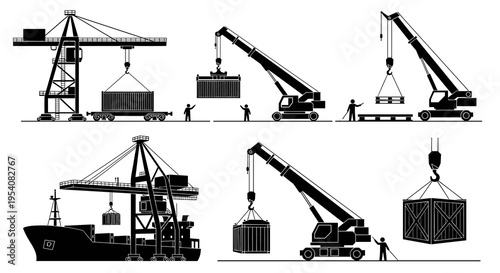 Black and White Silhouette Graphic Illustration of Cranes and Shipping Operations: A Versatile Visual Asset for Logistics, Trade, and Industrial Projects