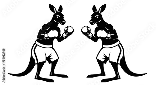 Two Fierce Kangaroo Boxers Face Off: A Vintage Illustration of Strength, Competition, and Australian Pride, Ready for Sports Logos, Team Mascots, or Patriotic Designs