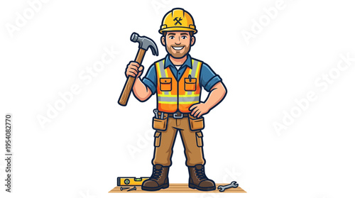Man in construction outfit holding hammer.