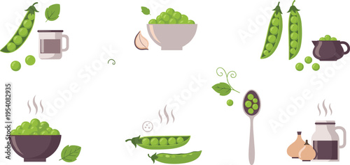 Green Peas Food Collection with Pods, Bowl, Spoon, Soup, and Ingredients Flat Vector Illustration for Healthy Cooking, Organic Diet, and Kitchen Design