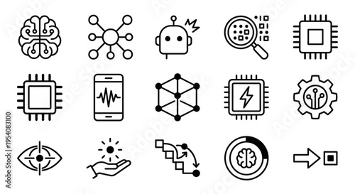 Line-style web icons for artificial intelligence and machine learning systems. Neural networks, circuit brains, and data processors collection. Clean vector illustration for AI apps, tech dashboards, 