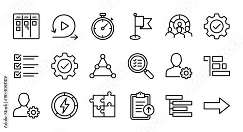 Line-style web icons for Agile project management and Kanban workflows. Sprints, task boards, and team collaboration symbols collection. Clean vector illustration for productivity apps, SaaS dashboard