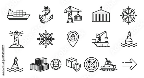 Line-style web icons for maritime logistics and port operations. Container ships, cranes, and anchor symbols collection. Clean vector illustration for shipping apps, freight dashboards, and internatio