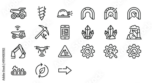 Line-style web icons for smart mining and automated extraction systems. Haulage trucks, drills, and mineral sensors collection. Clean vector illustration for industrial apps, mining dashboards, and en