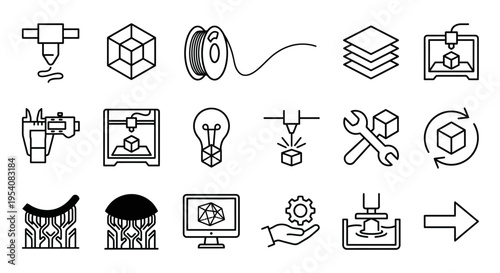 Line-style web icons for 3D printing and additive manufacturing systems. Extruders, filament spools, and wireframe models collection. Clean vector illustration for CAD apps, maker dashboards, and engi