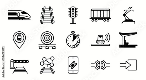 Line-style web icons for RailTech and railway logistics systems. High-speed trains, track sensors, and signaling symbols collection. Clean vector illustration for transport apps, transit dashboards, a
