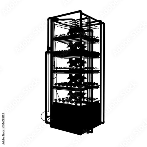Silhouette of Indoor Vertical Farming Rack System for Hydroponic Agriculture Growth