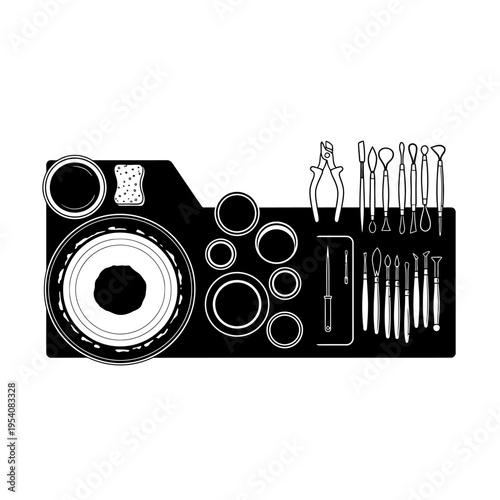 Silhouette of Organized Potter Workbench Station for Creative Clay Studio Production