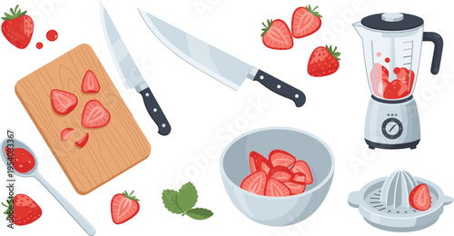 Strawberry Preparation Set with Slicing, Blending, and Juicing Equipment for Cooking, Smoothie, and Healthy Recipe Design
