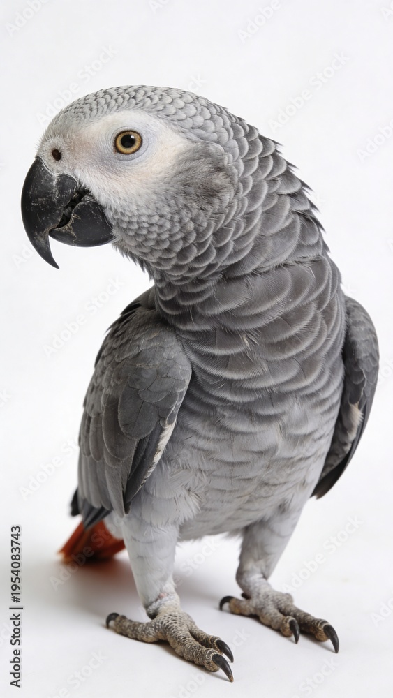 Obraz premium Close-up of a beautiful grey parrot, showcasing its feathers and vibrant personality. Ideal for wildlife and pet-related themes.