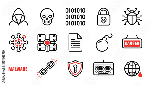 Collection of cyber security icons and malware symbols in flat line style