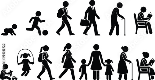 Black and white vector pictogram set showing the human life cycle and aging process of men and women from infancy to senior years.