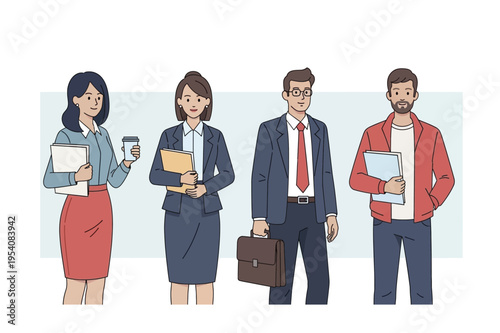 group of business professionals standing together with office supplies
