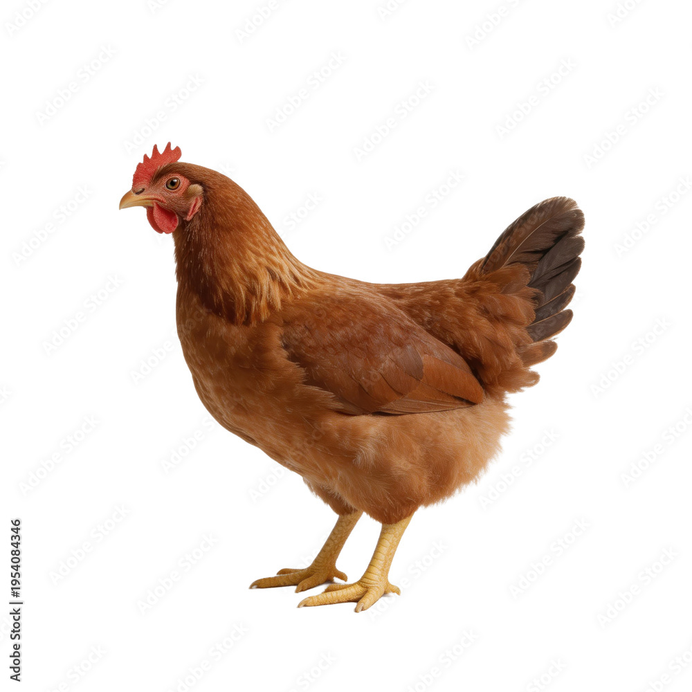 Fototapeta premium Rhode Island Red hen with vibrant brown feathers and a red comb stands calmly on a clean white background.