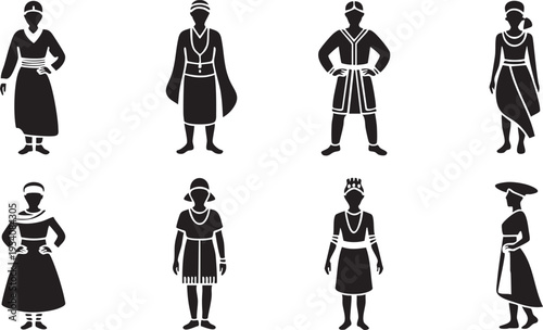 Silhouettes of indigenous people wearing distinctive traditional clothing and headwear