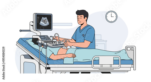 Medical professional performs ultrasound scan on patient lying in hospital bed, with diagnostic imaging on screen