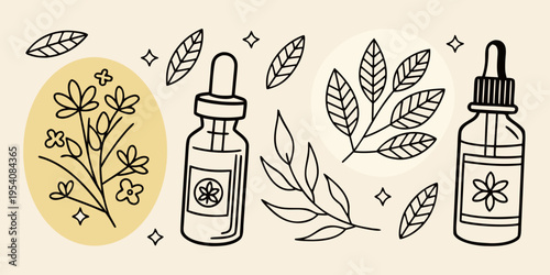 Herbal medicine and essential oils leaves flowers bottles