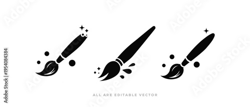 Monochrome artistic  Paint Brush silhouette icon Vector Set on white background.  Vector illustration.