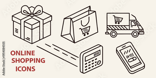 Online shopping with gift and payment symbols line minimalistic