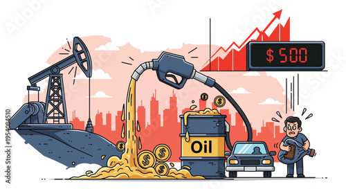 Conceptual digital artwork depicting global oil market crisis with soaring price charts and fuel pump nozzle pouring liquid gold into barrel container