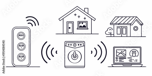 Smart home with remote, house, and washing machine remote control laptop