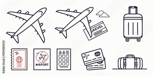 Travel and Airport Line airplane luggage ticket