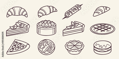 Various baked goods and desserts croissants cakes pizza