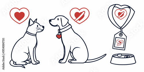 Cat and dog with heart symbols and pet food bowl