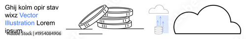 Fintech, cloud storage, digital currency, online transactions, data security, technological innovation. Stacked coins and cloud symbols. Fintech and cloud storage concept