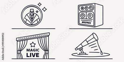 Magic show and entertainment symbols entertainment magic wand spotlights stage curtains