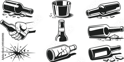 Black and white vector silhouette illustration set featuring broken glass bottles, shattered drinkware, cracked windows, and a hand holding a beverage for graphic design projects.