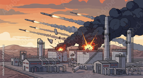 Missiles strike oil refinery, causing explosions and black smoke, leading to destroyed infrastructure and energy crisis in the middle east