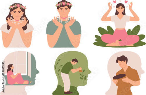 ix different illustrations explore themes of mindfulness, self-care, and internal emotions. People are shown meditating, tending to plants, and reflecting within the silhouettes of their own minds. 