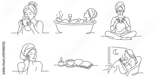 Woman drinking tea line art, minimalist continuous single line drawing, self care and relaxation illustration, modern lifestyle aesthetic design