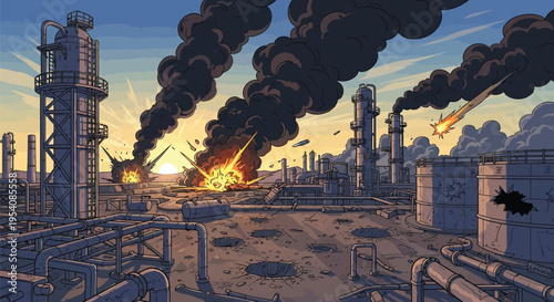 Industrial oil refinery after bombing, showing explosions, black smoke, craters, and widespread damage under a dramatic sky