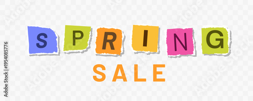 Spring sale banner with colorful cutout letters and clean layout. Bright collage style typography design with modern minimal composition, suitable for promotion, branding and creative marketing use.
