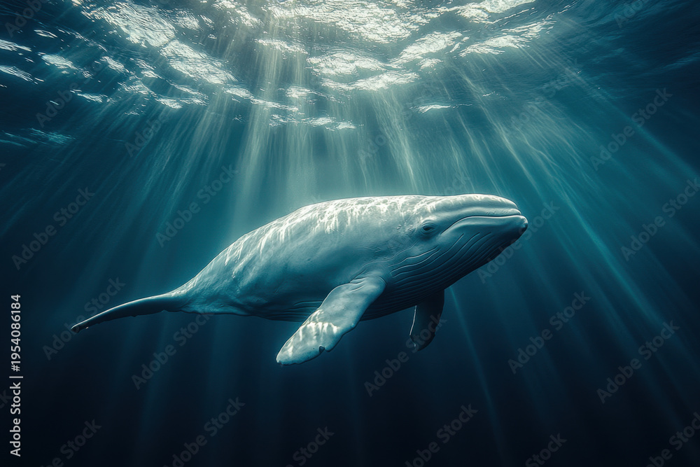 Naklejka premium Humpback whale swims gracefully in ocean.