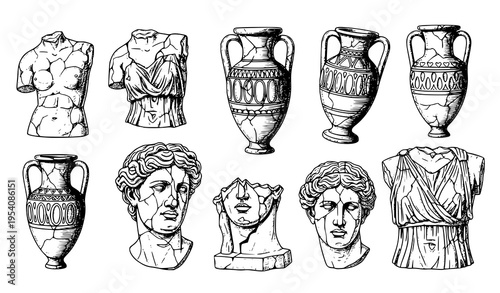 Broken marble Greek statue and amphora hand drawn vector set with classical mythology tattoo design