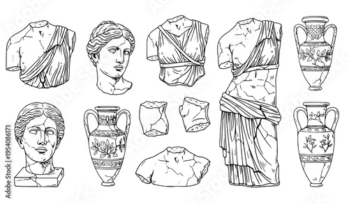 Antique marble statue vector set with broken Greek sculpture Venus amphora hand drawn tattoo style