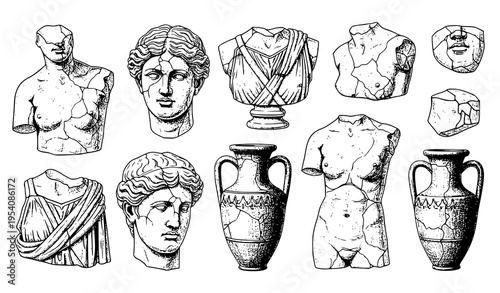 Greek antique statue and amphora broken marble vector collection hand drawn tattoo style illustration