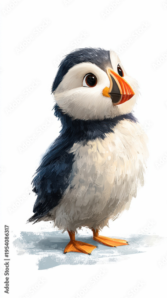 Obraz premium Puffin chick standing looking slightly upward on white background