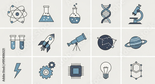 Science and Technology Icons - Atom, Beakers, DNA, Microscope, and More.