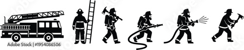Black and white vector silhouette set of firefighting activities featuring a fire truck, firefighters with ladders, axes, and hoses for emergency service designs.