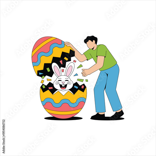 A young man opening a large decorated easter egg to reveal a happy white bunny inside the shell