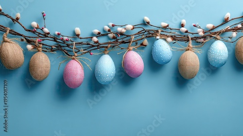 easter garland blue backdrop on a blue background