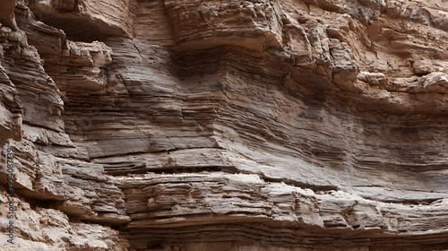 Natural geological rock formation showing detailed stratification and weathered layers in an outdoor environment, close-up texture