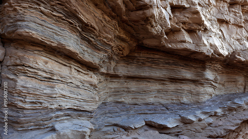 Layered rock formations reveal ancient geological patterns, showcasing natural erosion and a rugged terrain. Earthy tones blend with shadowed depths