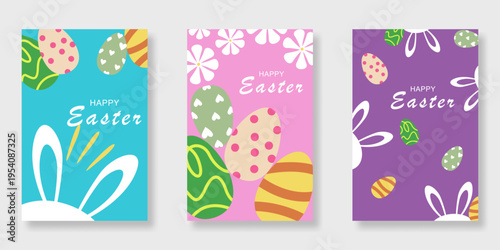 Happy Easter poster and cover vector set. Cute rabbit, decorate easter eggs and flowers element design for wall art, greeting cards, invitations, wallpaper and kids.