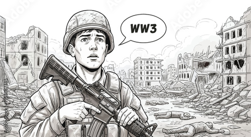 Soldier in warzone with destroyed city and bodies, fear on face, thinking of world war three, global conflict, danger, destruction