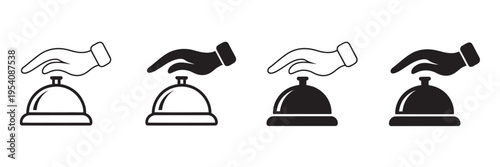 Pressed bell icon set, hotel and restaurant service bell, reception, guest, customer, ringing sign, line and flat style, vector illustration